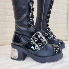 Demonia | Shoes | Bratty Big Buckle Strap Drape Chain Block Heel Stretch Thigh Goth Boots | Poshmark Galaxy Boots, Knee High Combat Boots, Demonia Boots, Festival Boots, Goth Boots, Demonia Shoes, Heel Stretch, Horseshoe Ring, Vegan Leather Boots