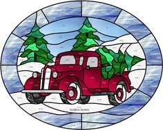 a red truck with christmas trees on the back is depicted in a stained glass circle