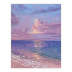 a painting of the ocean and clouds at sunset with pink, blue, and purple hues