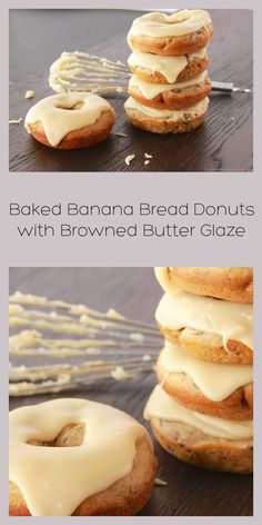 baked banana bread donuts with browned butter glaze are stacked on top of each other