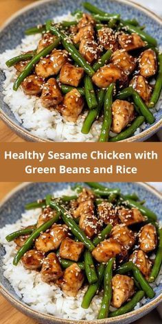 two plates filled with chicken and green beans