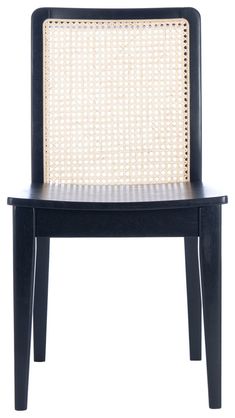 a black and white chair with wicker seat padding on the back, side view