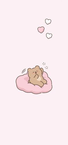 a brown teddy bear laying on top of a pink pillow with hearts floating above it