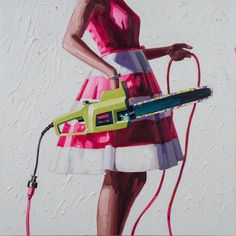 a painting of a woman in pink holding a green and yellow electric blow dryer