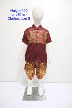 This item is original Thailand costume for kids. mandarin collar short sleeves shirt and a finished Thai trousers called Jongkraben with elephants brocade waistband. Occasions: Thai/Lao/Cambodia new years, attended Thai wedding, Thailand exhibition, Thai fair, Songkran festival, Loy krathong festival, attended the temple ceremony, making merit etc. There are available in 6 size see details as follow. The set consists of 1.A readymade trousers / Jongkraben. The pants can be adjusted by elastic, n Red Short Sleeve Sets For Festivals, Traditional Short Sleeve Wear For Festivals, Short Sleeve Traditional Wear For Festivals, Festival Traditional Wear With Short Sleeves, Traditional Red Short Sleeve Set, Festive Short Sleeve Traditional Wear, Festive Red Short Sleeve Sets, Red Short Sleeve Festive Sets, Traditional Short Sleeve Sets For Diwali