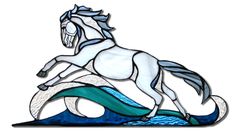 a stained glass horse standing on its hind legs in front of a white background and blue waves