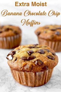 banana chocolate chip muffins with text overlay