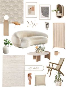 a collage of furniture and decor in neutrals, beiges, and whites