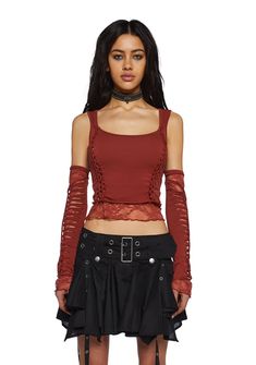 Current Mood Lace Cut Out Crop Top And Gloves Set -Rust – Dolls Kill Tank Top Arm, Dolls Kill Outfits, Current Mood Clothing, Red Dolls, Aesthetic Dress, Tumblr Fashion, Current Mood, Red Outfit, Cut Out Design