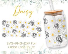 daisy glass jar with wooden lid and straw