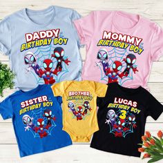 Personalized Spider Birthday Family Shirt, Spidey Amazing Friends Matching T-Shirt, Super Hero Birthday Group Shirts, Family Party Tee LL493 Welcome to my store! I will help you to have a good shopping experience as much as I can. If you have any request please feel free to message me. I will reply as soon as possible. I have listed some information to help you below: HOW TO ORDER? : Choose the color and size you want. If available, enter the customization information in the text box. Click the Party Theme Outfits, Spidey Birthday, Birthday Group Shirts, Superhero Shirt, Superhero Birthday Party, Amazing Friends, Group Shirts, Family Party, Superhero Birthday