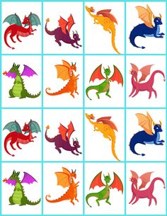 an image of different types of dragon in the form of square tiles on white background