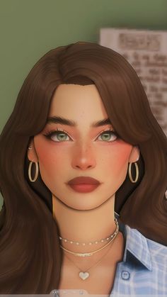 a woman with long brown hair and green eyes is wearing gold hoop earrings on her neck