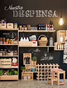 a store filled with lots of different types of food and drinks on wooden shelvings