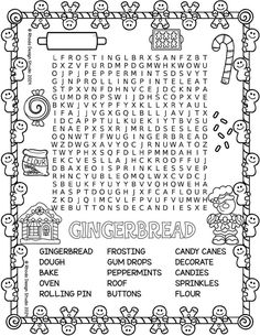 the gingerbread word search is shown in black and white