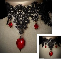 Gothic Black Lace Choker.... This is an exquisite black lace choker adorned with deep ruby-red crystals that glisten like drops of blood. The lace is intricate, with gothic-inspired patterns, adding a touch of dark elegance. The choker is adjustable, ensuring a comfortable fit for all neck sizes. The ruby-red crystals catch the light beautifully, creating a striking contrast against the black lace, perfect for a gothic wedding or as a statement piece for Halloween. Its timeless design embodies both sophistication and mystery, making it the ideal accessory for those who embrace the dark and romantic aesthetic. The actual "detailed black lace" measures 2" in height and 12" in length...I have added a 4" extension chain allowing it to be completely adjustable...also I have added a "ruby red" f Vampire Accessories, Victorian Vampire, Black Lace Choker, Romantic Aesthetic, Dark Elegance, Wedding Halloween, Goth Wedding, Lace Choker, Gothic Wedding