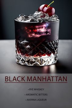 a black manhattan cocktail with cherries on the rim and ice cubes around it