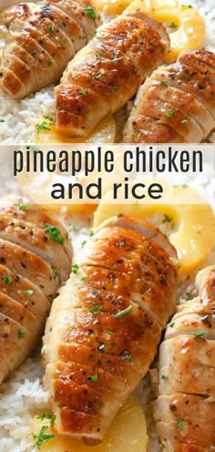 pineapple chicken and rice on a plate with the words pineapple chicken and rice