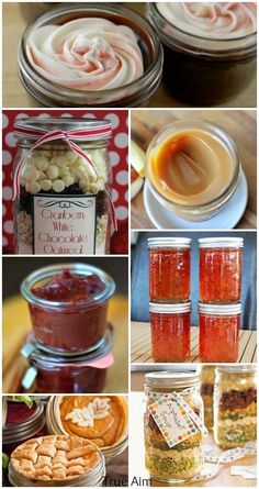 some jars filled with different types of food