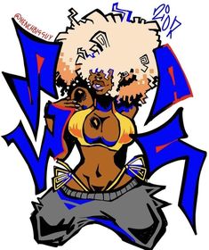 a drawing of a woman with an afro in her hair and some letters around her neck