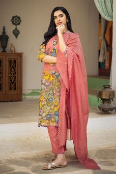 Pink kurta with hand painted Krishna and Cows kalamkari motifs and triangle lace detailing. Paired with a co-ordinating triangle lace detailing straight pant and dupatta with embroidered scallop border. - Aza Fashions Kalamkari Motifs, Kalamkari Kurta, Pink Kurta, Scallop Border, Kurta Pant Set, Diana Penty, Luxury Sale, Kurta With Pants, Fashion App