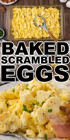 baked scrambled eggs on a plate with text overlay