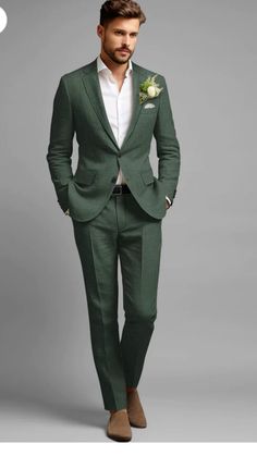 Green Suit For Groom, Male Wedding Suits, Hunter Green Suit, Forest Green Suit, Green Linen Suit, Dark Green Suit, Green Tux, Male Wedding Guest Outfit, Green Suits