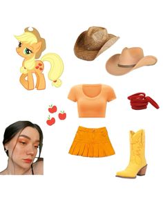 an assortment of different items including hats, boots and clothes for girls to wear with pony hair