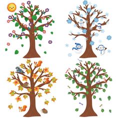 four different trees with leaves and birds on them