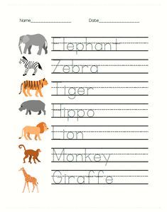 printable worksheet for children to practice their handwriting and writing skills with animals