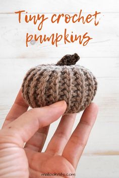 a hand holding a tiny crochet pumpkin with the words tiny crochet pumpkins on it