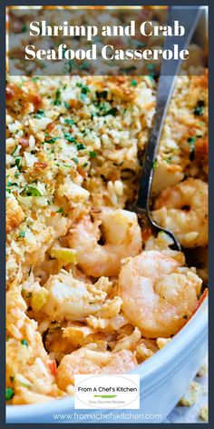 shrimp and crab seafood casserole in a white dish with a serving spoon on the side