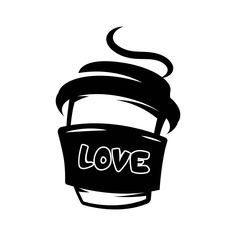 a black and white drawing of a coffee cup with the word love on it