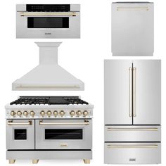 ZLINE Autograph Package - 48 In. Dual Fuel Range, Range Hood, Refrigerator, Microwave and Dishwasher in Stainless Steel with Gold Accents White Oven Gold Handles, Gold Oven Hood, Subzero Refrigerator, Oven Range Hood, House Appliances, Zline Autograph Edition, Freestanding Oven, Oven Hood, Gas Ranges