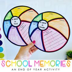 a hand holding up two colorful paper circles with words on them and the words school memories written