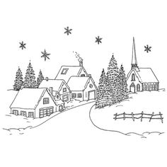 a black and white drawing of houses on a snowy day with snowflakes in the sky