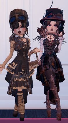 by @Mavis_the_Swift13  and @C1NN4M0NSP1DER #steampunk #dti #outfitinspo #dresstoimpress Steampunk Dress To Impress No Vip, Steampunk Dti Outfit, Dti Steampunk Fits, Dti Vip Combo, Sims 4 Cc Steampunk, Steampunk Dress To Impress, Dress To Impress Vip, Fancy Dress Code, Custom Makeup