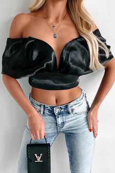 Cultivating My Image Off The Shoulder Crop Top (Black) · NanaMacs Graphic Dress, Short Mini Dress, Shoulder Crop Top, Work Tops, Satin Material, Basic Dress, Airport Outfit, Cutout Dress, Basic Tops