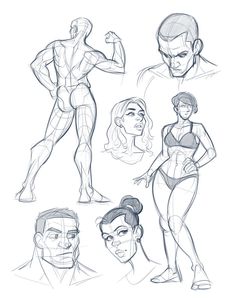 some sketches of people in bodysuits and one man is posing for the camera