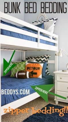 the bunk bed is white and has green arrows pointing to it