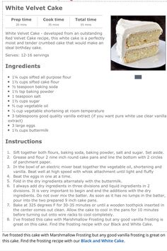 a recipe for cake with white frosting on it