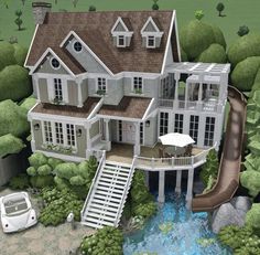 an artist's rendering of a house with a slide in the front yard