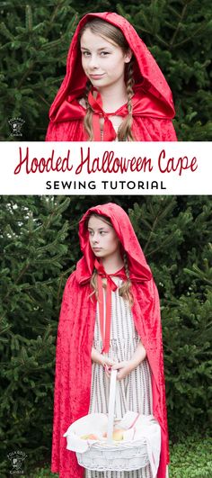 a girl in a red cape and dress with the words hooded halloween cape sewing pattern