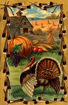 an old thanksgiving card with turkeys and pumpkins