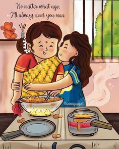 an illustration of two people cooking food on a stove top with the words, no matter what age it always needs you maa