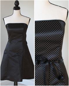 Embrace retro chic with this vintage 70s Gunne Sax black and white polka dot strapless satin dress. This classic piece features a timeless polka dot pattern and a flattering strapless design, perfect for any special occasion or vintage fashion enthusiast. Crafted by the iconic Gunne Sax brand, this dress combines elegance and nostalgia. Add a touch of 70s glamour to your wardrobe with this beautiful vintage find! Size is listed has a 5/6 so I would say it fits a medium. Gunne Sax Dress 80s Prom, Vintage Gunne Sax Dress 1970s, Vintage Polka Dot Dress With Buttons, Jessica Mcclintock Gunne Sax Dress, 70s Glamour, Gunne Sax Black Label, Gunne Sax, Polka Dot Pattern, Retro Chic