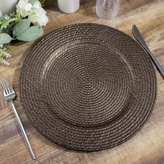 6 Pack | 13inch Natural Brown Rattan-Like Disposable Round Charger Plates Rattan Charger Plate, Table Chargers, Rattan Charger, Brown Plates, Catering Supplies, Jar Centerpieces, Brown Acrylic, Burlap Table Runners, Thanksgiving Table Settings