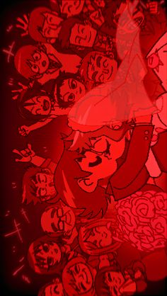 a bunch of cartoon faces on a red background