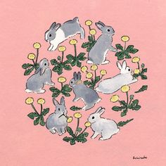 a drawing of rabbits surrounded by flowers