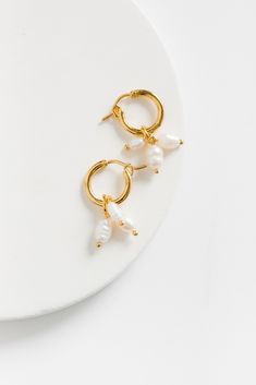 Cove Triple Pearl Earrings WOMEN'S EARINGS Cove Accessories Pearl OS White Pearl Huggie Hoop Earrings, White Hoop Pearl Chain Jewelry, Pearl White Dangle Hoop Earrings With Pearl Charm, Pearl Hoop Pendant Jewelry, Pearl Pendant Dangle Hoop Earrings, Hoop Pearl Earrings With Pearl Pendant, White Small Hoop Pearl Chain Jewelry, White Pearl Chain Small Hoop Jewelry, Hoop Earrings With Pearl Pendant